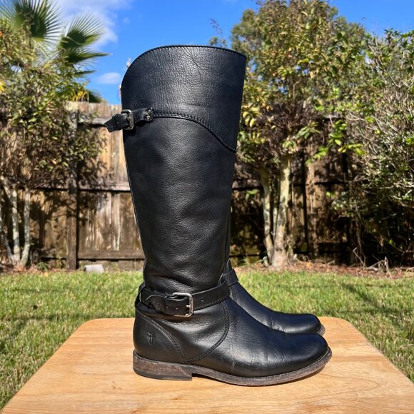 Frye Phillip Black Leather Knee High Buckle Riding Boots Size 6.5 B - Picture 3 of 8